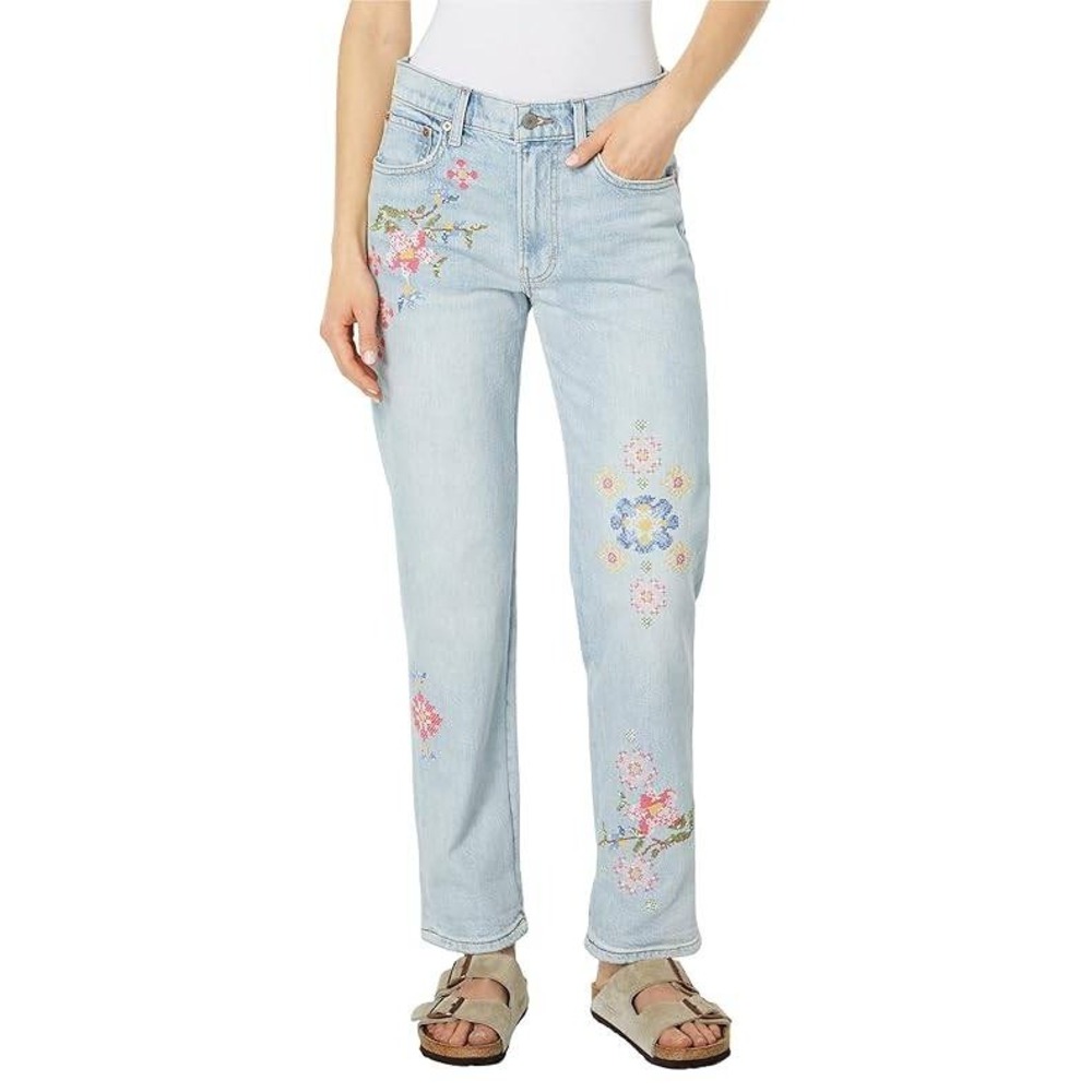 Lucky Brand Boy Mid Rise Relaxed Straight Embroidered Floral Light Wash
